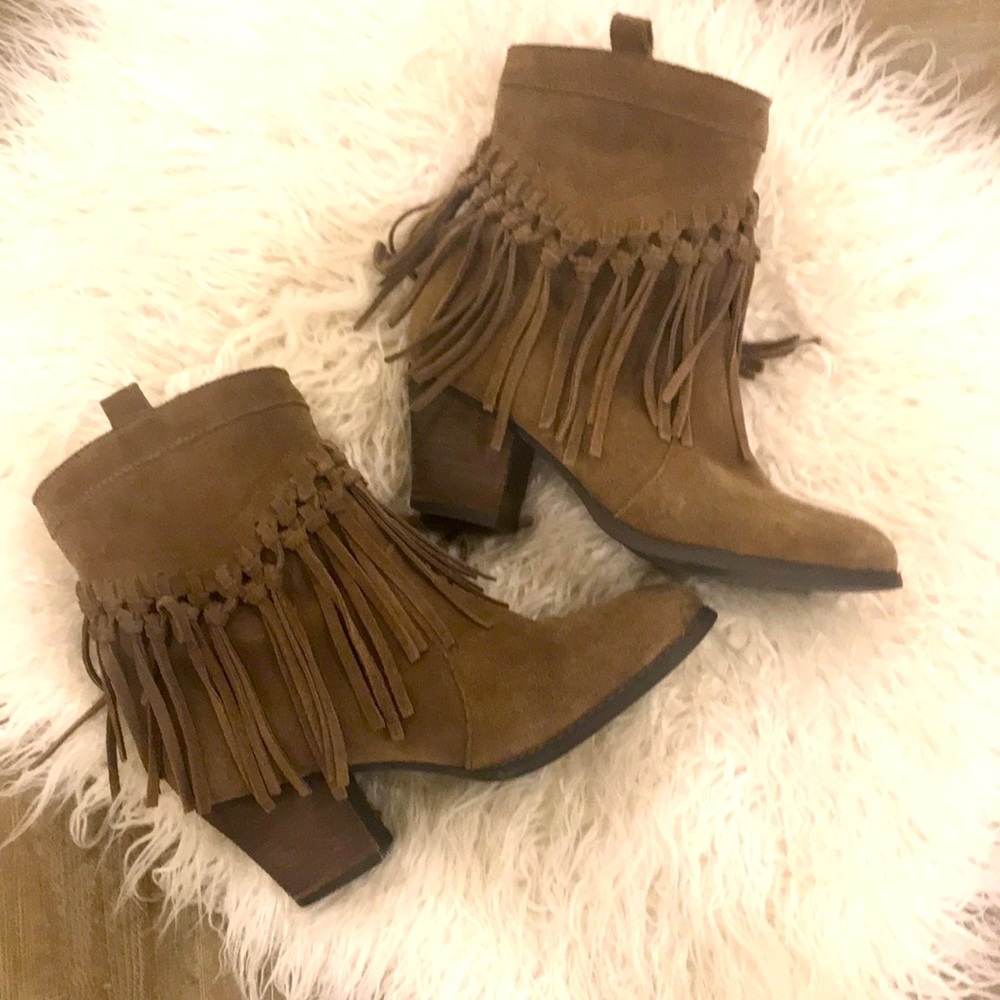 Sbicca Tan Suede Fringe Ankle Boots